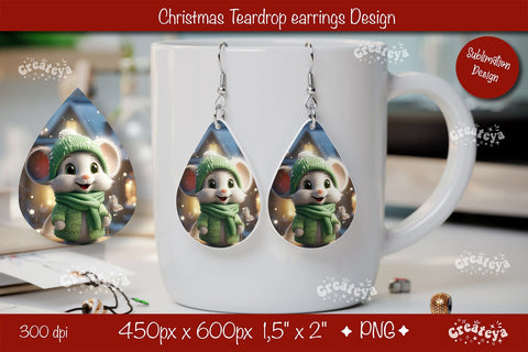 Christmas teardrop earrings sublimation Christmas Baby Animal Mouse png Sublimation Createya Design 