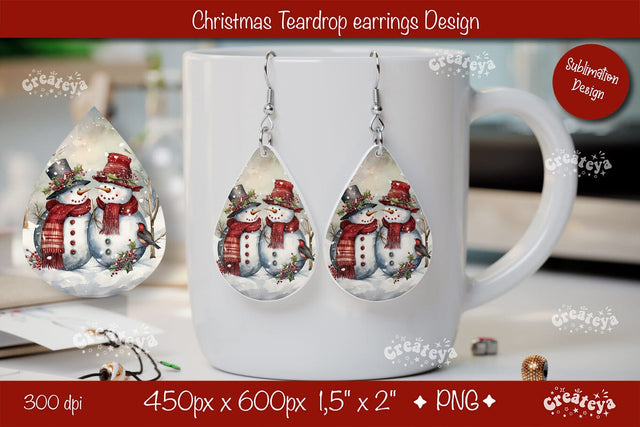 Christmas teardrop earrings sublimation design Snowman png Sublimation Createya Design 