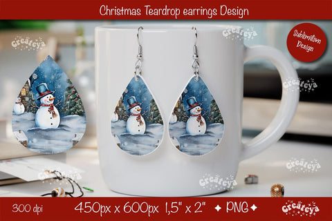 Christmas teardrop earrings sublimation design Snowman png Sublimation Createya Design 