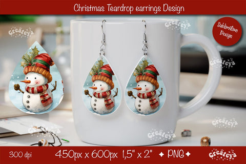 Christmas teardrop earrings sublimation design Snowman png Sublimation Createya Design 