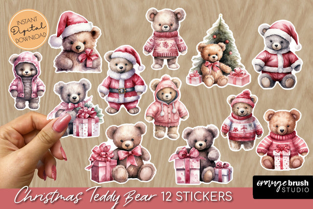 Christmas Teddy Bear Stickers - Holiday Sticker Pack Sublimation OrangeBrushStudio 