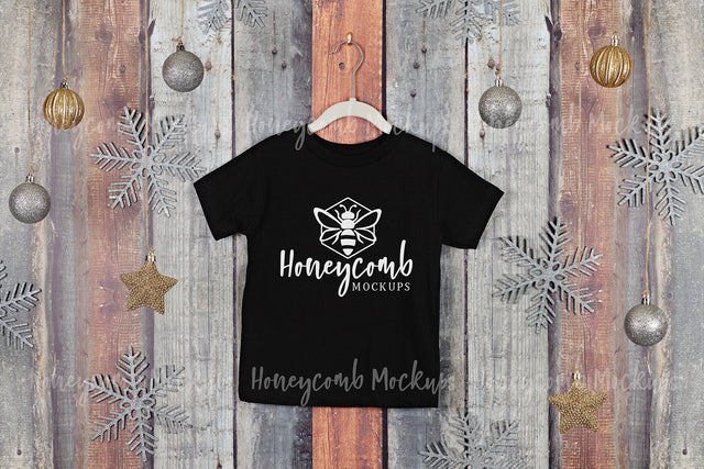 Christmas Toddler Mockup, Black Bella Canvas 3001T Mockup, Kids Black T-Shirt Mockup, Holiday Mockup Mock Up Photo Honeycomb Mockups 