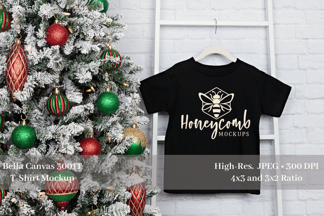 Christmas Toddler Mockup, Black Bella Canvas 3001T, Toddler T-Shirt Mockup Mock Up Photo Honeycomb Mockups 