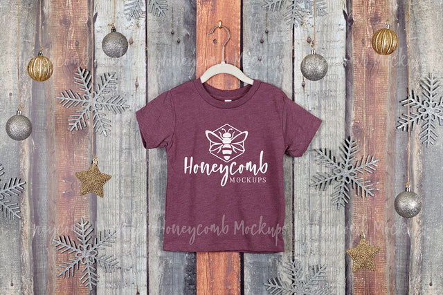 Christmas Toddler Mockup, Heather Maroon Bella Canvas 3001T Mockup, Kids Heather Maroon T-Shirt Mockup, Holiday Mockup Mock Up Photo Honeycomb Mockups 