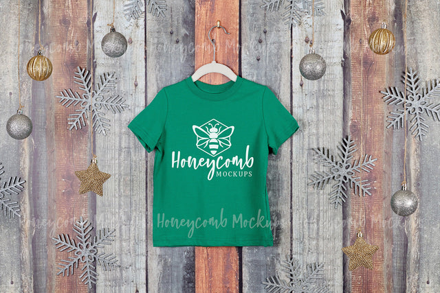 Christmas Toddler Mockup, Kelly Green Rabbit Skins 3321 Mockup, Kids Holiday Mockup, Hanging Mockup, Toddler Green Shirt Mockup Mock Up Photo Honeycomb Mockups 