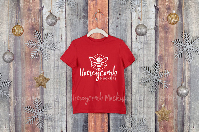 Christmas Toddler Mockup, Red Rabbit Skins 3321 Mockup, Kids Holiday Mockup, Hanging Mockup, Kids Red T-Shirt Mockup Mock Up Photo Honeycomb Mockups 