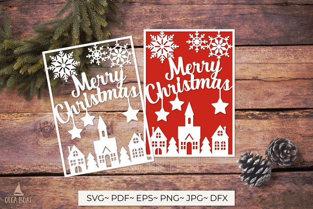 Christmas town template | Merry Christmas card svg 3D Paper Olga Boat Design 