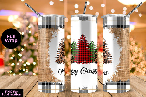 Christmas Tree Black white check & Burlap Linen 20 oz Skinny Tumbler Template Sublimation Sublimatiz Designs 