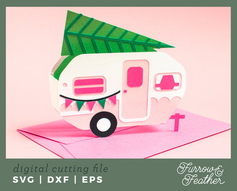 Christmas Tree Camper Box Card 3D Paper Furrow and Feather SVG 