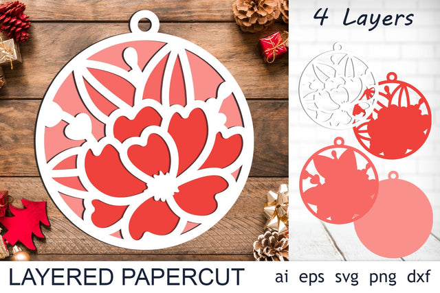 Christmas tree decor svg, Round holiday 3d ornament with flowers, Layers papercut 3D Paper AnastasiyaArtDesign 
