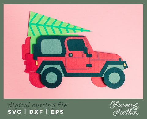 Christmas Tree Jeep Box Card 3D Paper Furrow and Feather SVG 