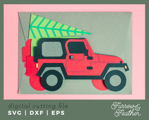 Christmas Tree Jeep Box Card 3D Paper Furrow and Feather SVG 