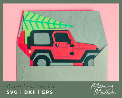 Christmas Tree Jeep Box Card 3D Paper Furrow and Feather SVG 