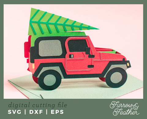 Christmas Tree Jeep Box Card 3D Paper Furrow and Feather SVG 