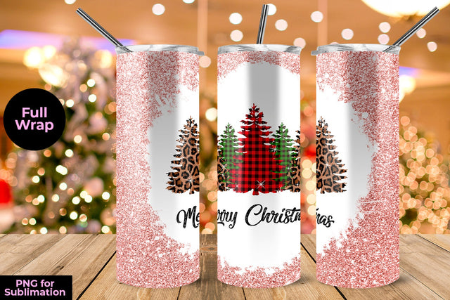 Christmas Tree on Pink Glitter Background 20 oz Skinny Tumbler Template Sublimation Sublimatiz Designs 