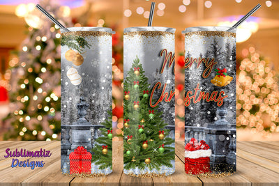 Christmas Tree on Winter Landscape Skinny Tumbler Wrap Sublimation Sublimatiz Designs 