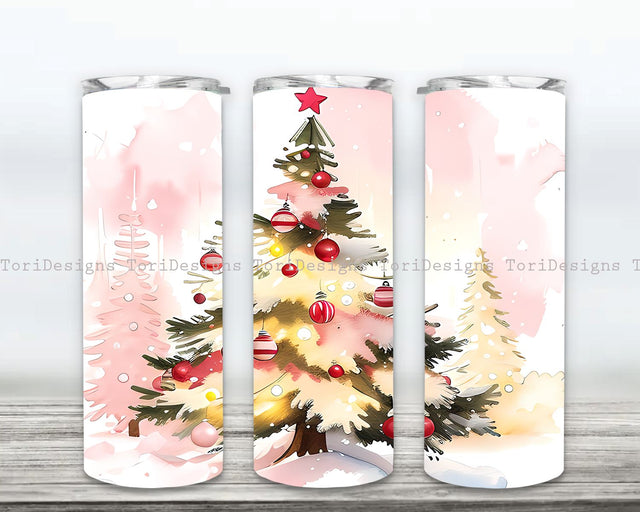 Christmas Tree Tumbler Wrap, Watercolor Christmas 20oz Tumbler Sublimation Design, Pastel Christmas Straight & Tapered Tumbler PNG Sublimation ToriDesigns 