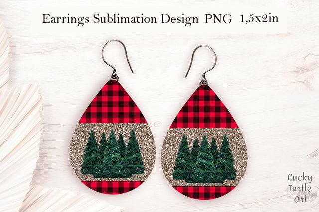 Christmas trees plaid background teardrop earrings sublimation design Sublimation LuckyTurtleArt 