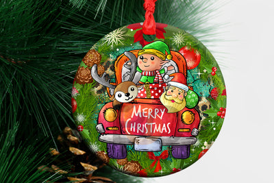 Christmas Truck Santa Elf Reindeer Ornament PNG,Western Christmas Ornament Png, Round Christmas Ornament,Xmas Ornament Sublimation Design Download Sublimation BOO-design 