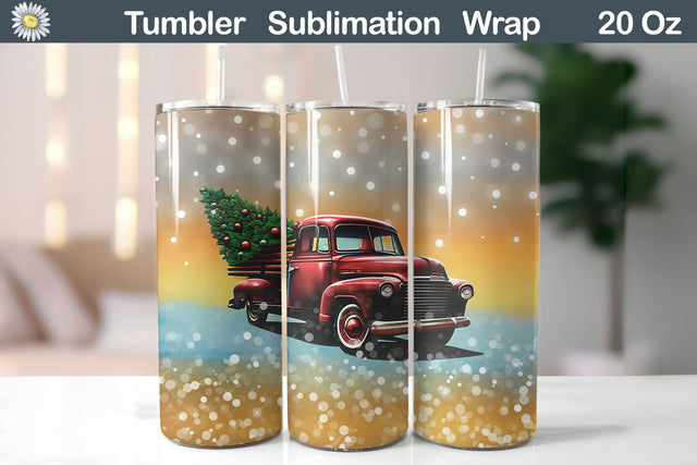 Christmas Truck With Christmas Tree Tumbler Wrap Sublimation WatercolorColorDream 