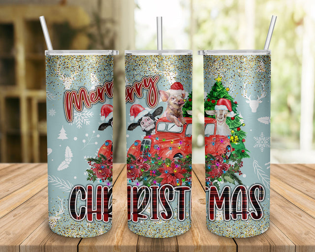 Christmas Truck With Farm Animal tumbler Skinny 20oz- Farm Animals, 20oz Skinny Tumbler Sublimation Designs, Tumbler Sublimation Designs,Farm Animals Truck,Farm Tumbler SVG BOO-design 