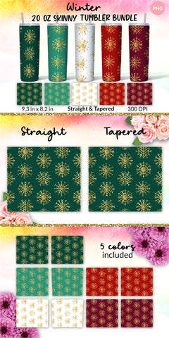 Christmas Tumbler, Red Maroon, White, Green, Dark Emerald, Gold Snowflake Tumbler, Winter Tumbler, Seamless Tumbler, Tumbler Bundle for 20 oz Skinny Sublimation Wrap Design. Straight and Tapered PNG file Sublimation KatineDesign 
