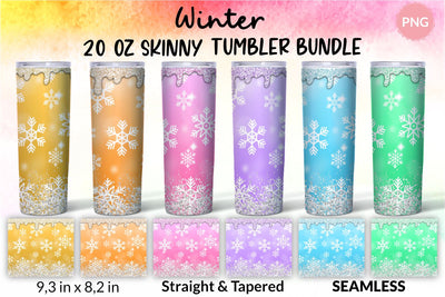 Christmas Tumbler, Snowflake Tumbler, Winter Tumbler, Glitter Drip Tumbler, Dripping Glitter, Seamless, Colorful, Yellow, Orange, Pink, Violet, Blue, Green, Frosty Tumbler Bundle for 20 oz Skinny Sublimation Wrap Design. Straight and Tapered PNG file Sublimation KatineDesign 