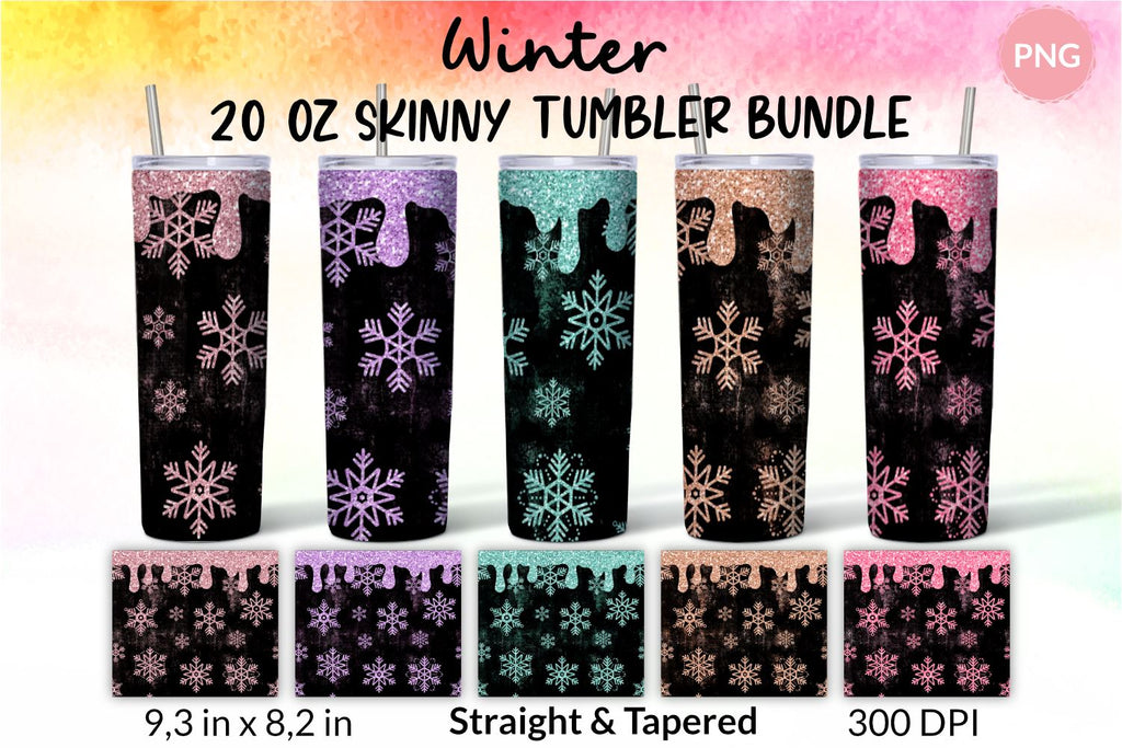 Christmas Tumbler, Snowflake Tumbler, Winter Tumbler, Glitter Drip Tumbler,  Dripping Glitter, Seamless, Colorful, Yellow, Orange, Pink, Violet, Blue,  Green, Frosty Tumbler Bundle for 20 oz Skinny Sublimation Wrap Design.  Straight and Tapered