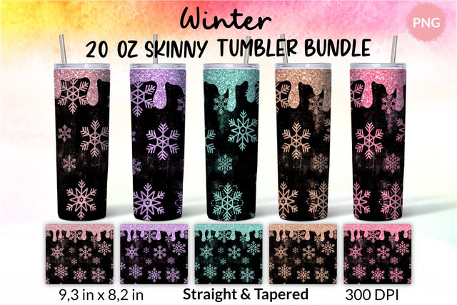 Christmas Tumbler, Snowflake Tumbler, Winter Tumbler, Glitter Drip Tumbler, Dripping Glitter, Seamless Tumbler, Rose Gold, Violet, Purple, Teal, Orange, Hot Pink, Black Tumbler Bundle for 20 oz Skinny Sublimation Wrap Design. Straight and Tapered PNG file Sublimation KatineDesign 