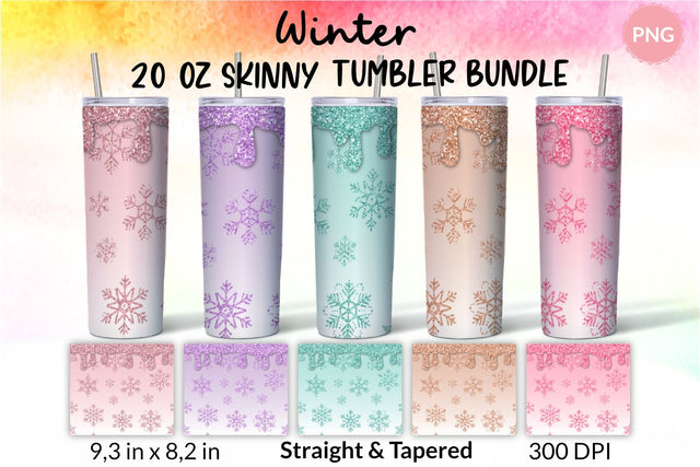 Christmas Tumbler, Snowflake Tumbler, Winter Tumbler, Glitter Drip Tumbler, Dripping Glitter, Seamless Tumbler, Rose Gold, Violet, Purple, Teal, Orange, Hot Pink, Ombre Tumbler Bundle for 20 oz Skinny Sublimation Wrap Design. Straight and Tapered PNG file Sublimation KatineDesign 