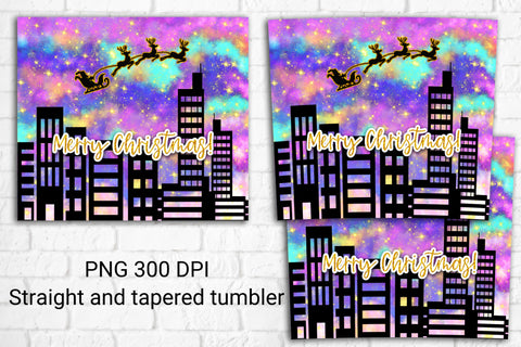 Christmas tumbler sublimation, Santa reindeer above city Sublimation Svetana Studio 