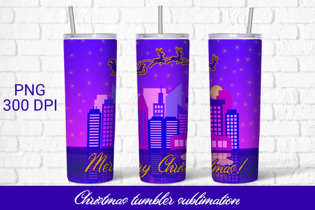 Christmas tumbler sublimation, Santa reindeer above city Sublimation Svetana Studio 