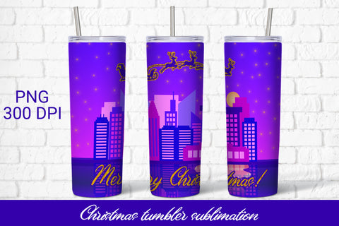 Christmas tumbler sublimation, Santa reindeer above city Sublimation Svetana Studio 
