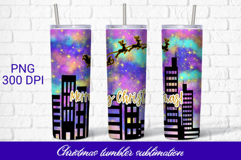 Christmas tumbler sublimation, Santa reindeer above city Sublimation Svetana Studio 