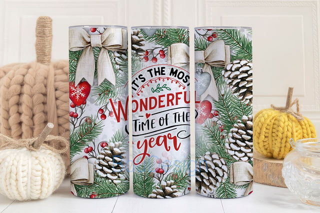 Christmas Tumbler Wrap Most Wonderful Time of the Year Holiday Cup Wrap Winter Pine Cone PNG 20 oz Skinny Sublimation Digital Design Sublimation BouDesign 