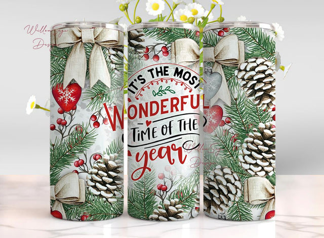 Christmas Tumbler Wrap Most Wonderful Time of the Year Holiday Cup Wrap Winter Pine Cone PNG 20 oz Skinny Sublimation Digital Design Sublimation WillowSageDesign 