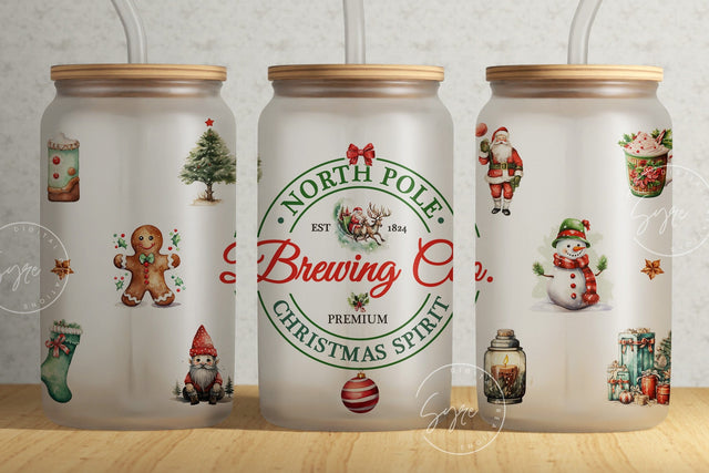 Christmas Tumbler Wrap, North Pole Brewing Company, Retro Christmas, Gift for Christmas Holiday, 16 oz Libbey Glass Can Tumbler, Digital Sublimation Syre Digital Creations 