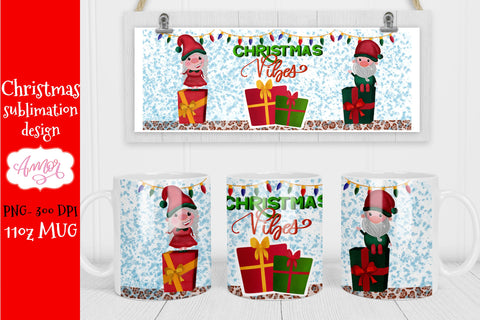 Christmas vibes sublimation design for 11oz mug with gnomes Sublimation Amorclipart 