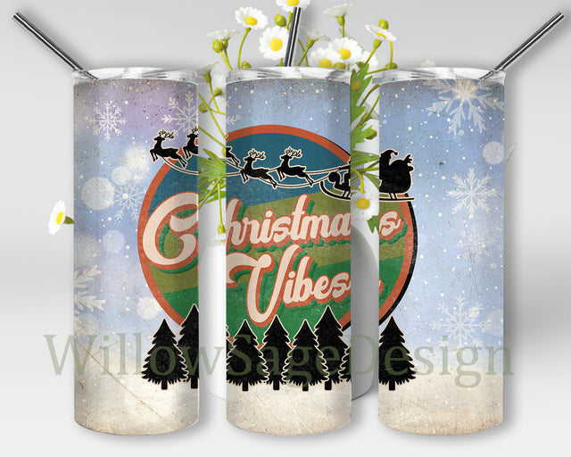 Christmas Vibes Tumbler Png, Retro Christmas 20oz Skinny Tumbler, Christmas Snowflakes Tumbler Wrap, Reindeer Santa Png, Holiday Sublimation Design, Instant Download Sublimation WillowSageDesign 