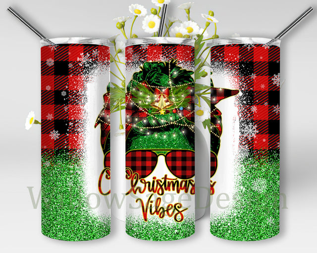 Christmas Vibes Tumbler Template, Christmas Messy Bun 20oz Skinny Tumbler, Christmas Buffalo Plaid Snowflakes Tumbler Png, Green Glitter Tumbler Design, Instant Download Sublimation WillowSageDesign 