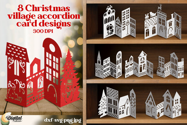 Christmas Village Accordion Card Bundle. Winter Village SVG 3D Paper Evgenyia Guschina 