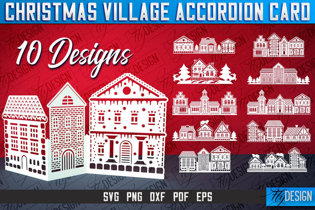 Christmas Village Accordion Card | Paper Cut SVG | Home Design SVG Fly Design 