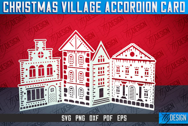Christmas Village Accordion Card | Paper Cut SVG | Home Design SVG Fly Design 