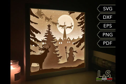 Christmas Village Light Box Template | 3D Shadow Box Svg 3D Paper Lights & Silhouettes 