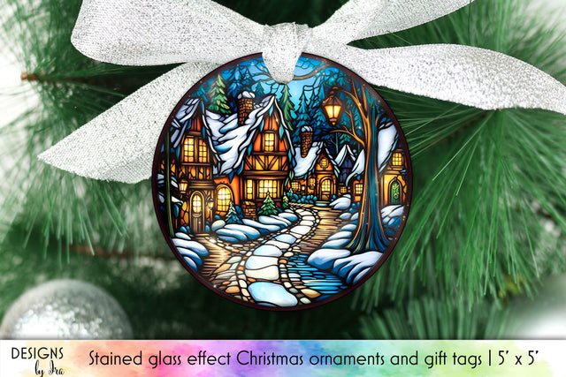 Christmas Village Stained Glass Ornament Design Sublimation Designs by Ira 