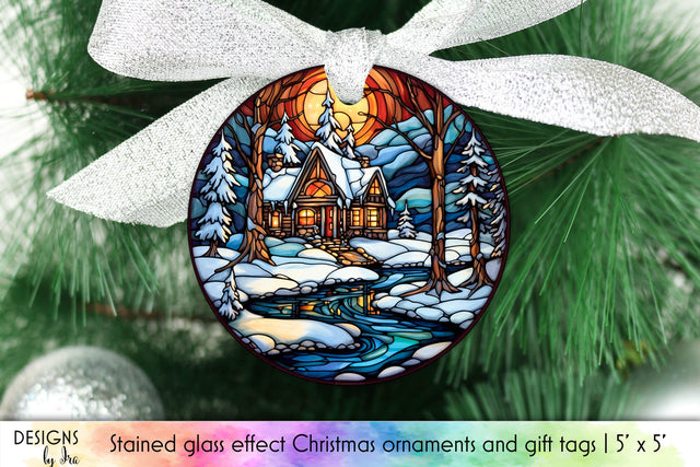 Christmas Village Stained Glass Ornament Design Sublimation Designs by Ira 