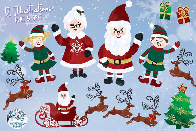 Christmas Watercolor Clipart | Santa Claus PNG and JPG Sublimation Wispy Willow Designs 