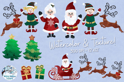 Christmas Watercolor Clipart | Santa Claus PNG and JPG Sublimation Wispy Willow Designs 