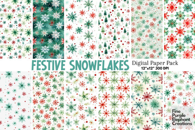 Christmas Watercolor Snowflakes | Holiday Digital Pattern Fine Purple Elephant Creations 