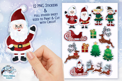 Christmas Watercolor Stickers | Santa Claus Stickers Sublimation Wispy Willow Designs 